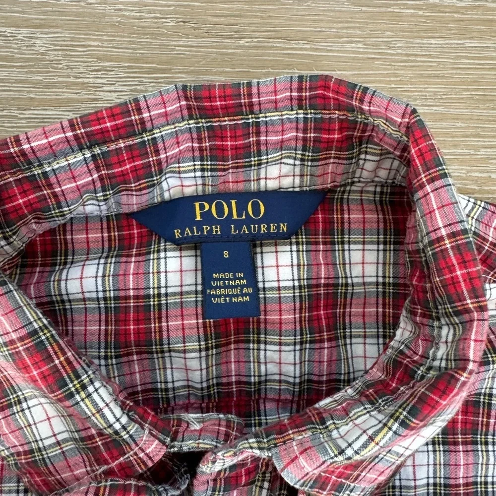 POLO Ralph Lauren girls red plaid ruffle long sleeve button blouse shirt top 8
